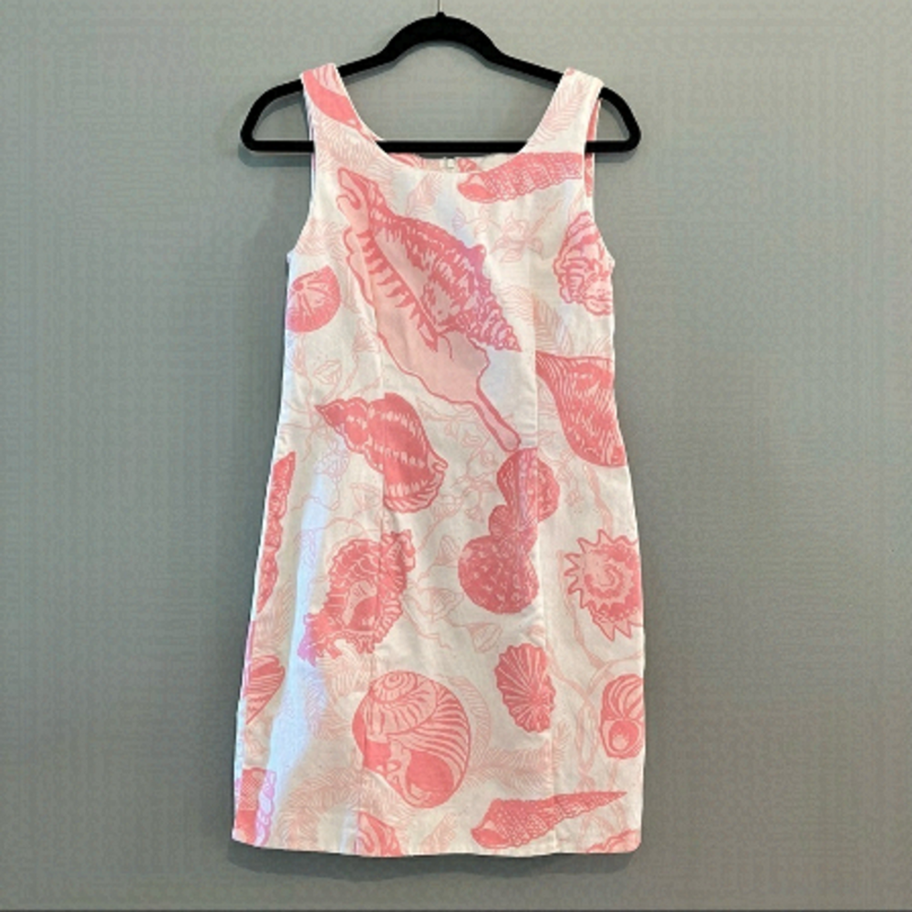 Bahama Hand Prints Beach Cream & Pink Conch Shell Summer Vacation Mini Dress